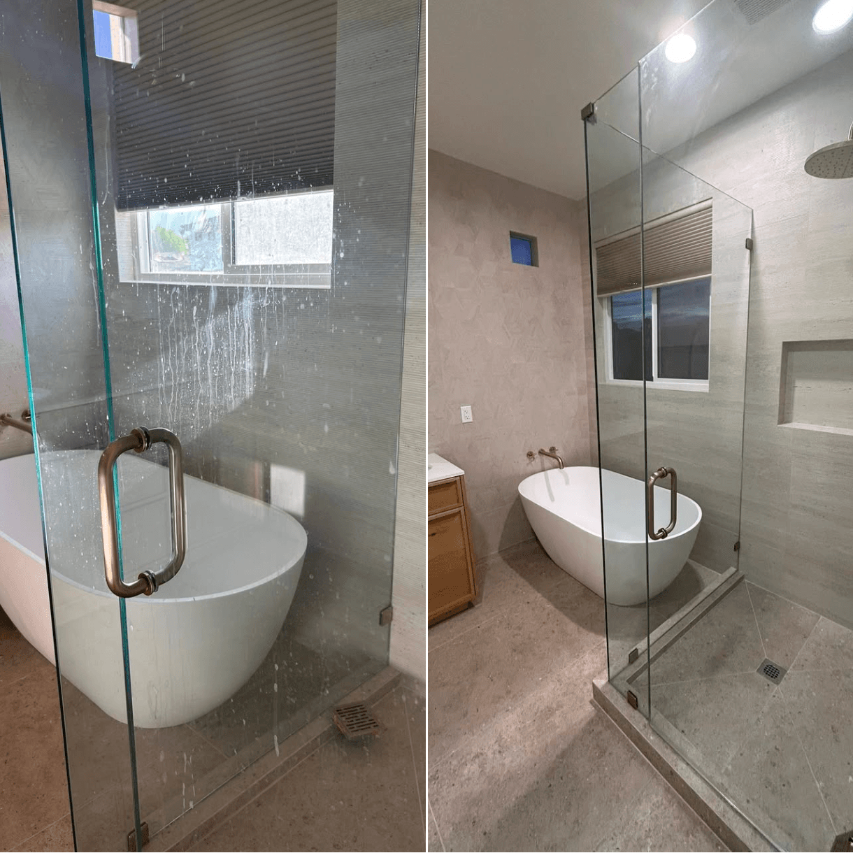 Glass shower door before and after cleaning