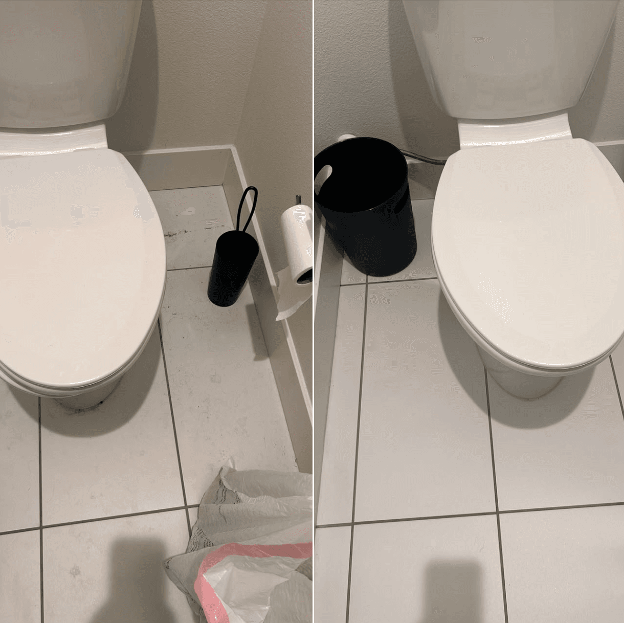 Toilet base and tile floor before and after cleaning
