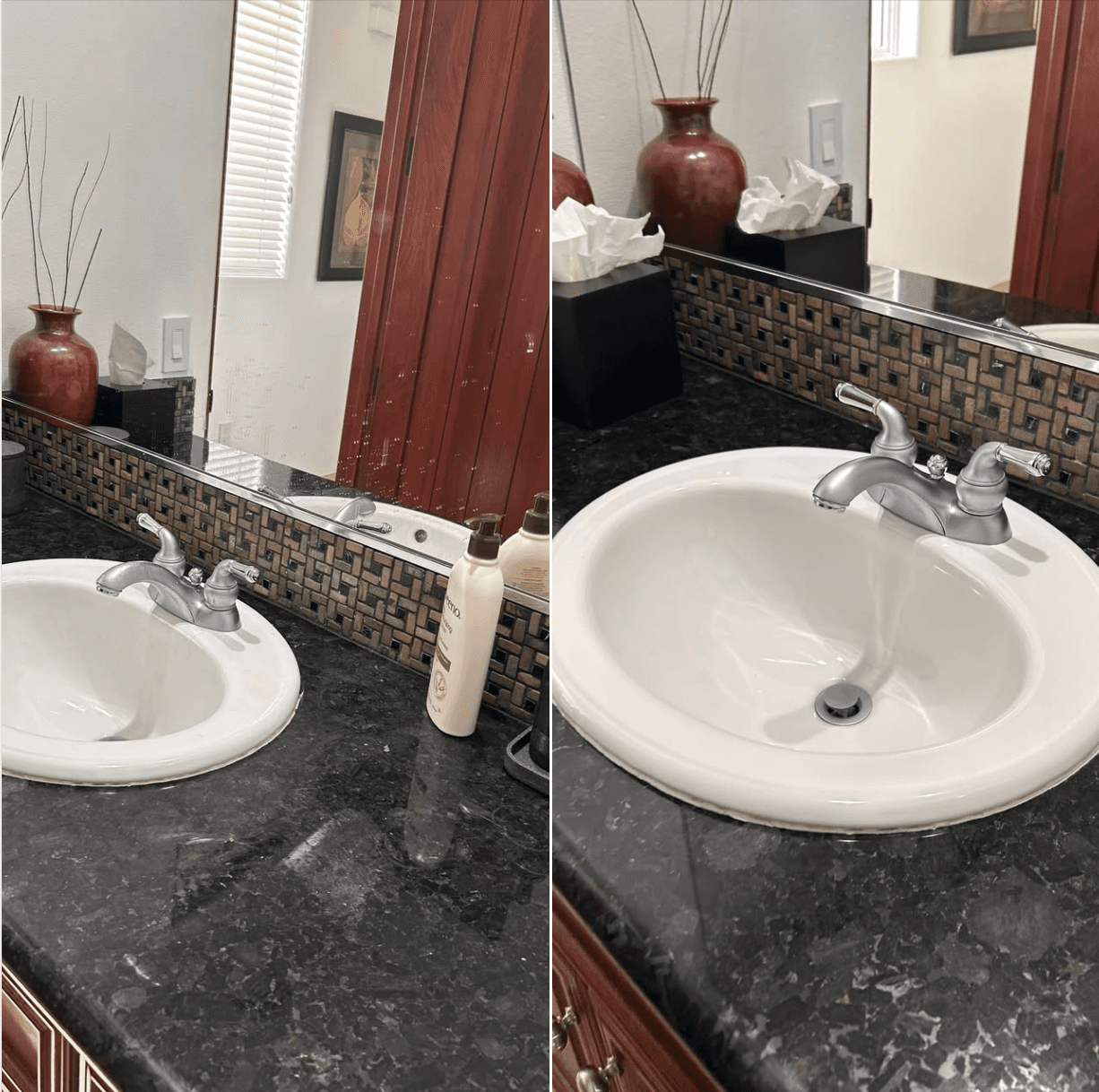 Bathroom sink before and after a standard cleaning