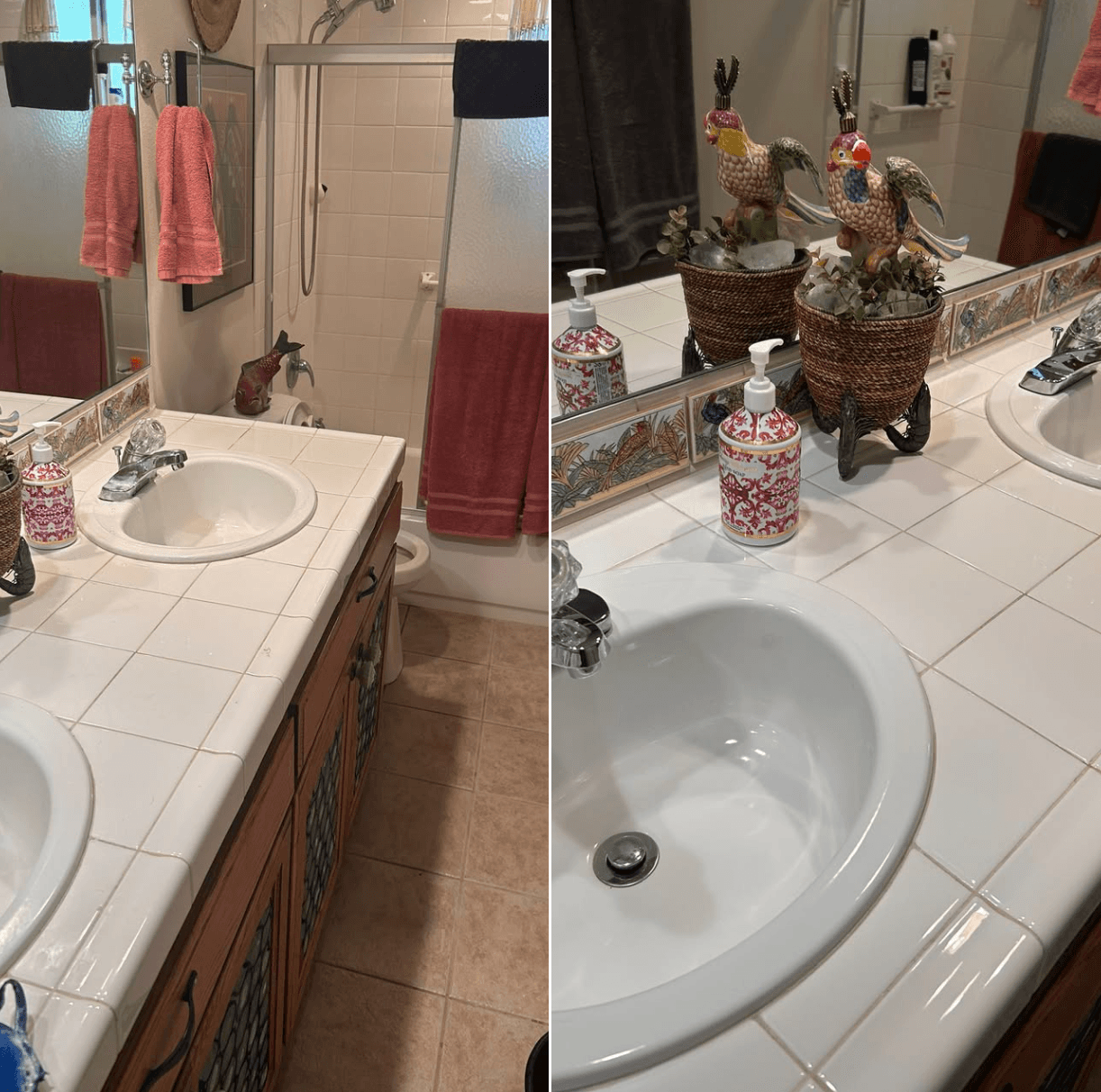 Bathroom vanity before and after a recurring clean