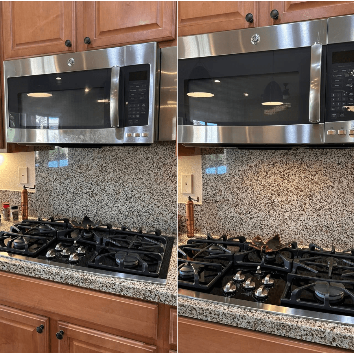 Kitchen stovetop and microwave before and after a deep clean